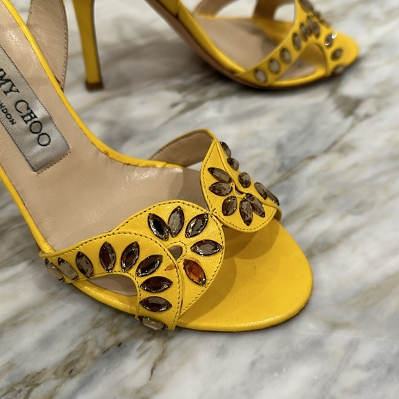 JIMMY CHOO YELLOW KID LEATHER RUMER GLASS DROPS SLING 36 1/2 6.5 - Picture 6 of 7